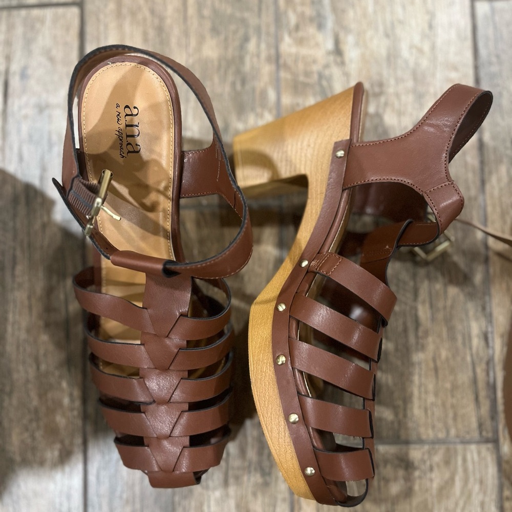 a.n.a Brown Strappy Wedge Mules